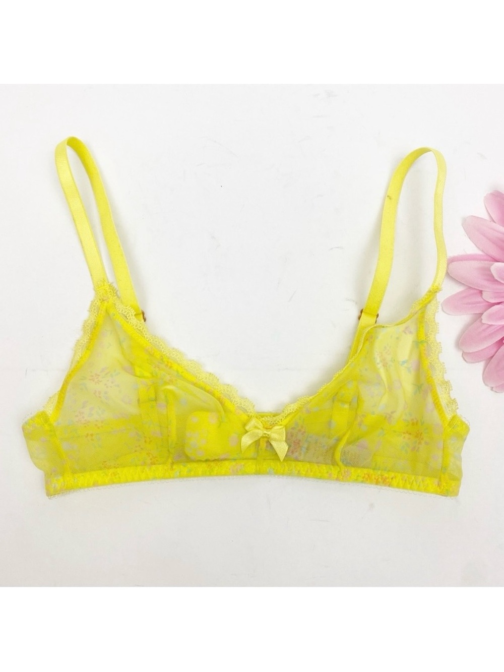 Savage X Fenty Ditsy Floral Limelight Unlined Mesh Lace Bralette Yellow Pink